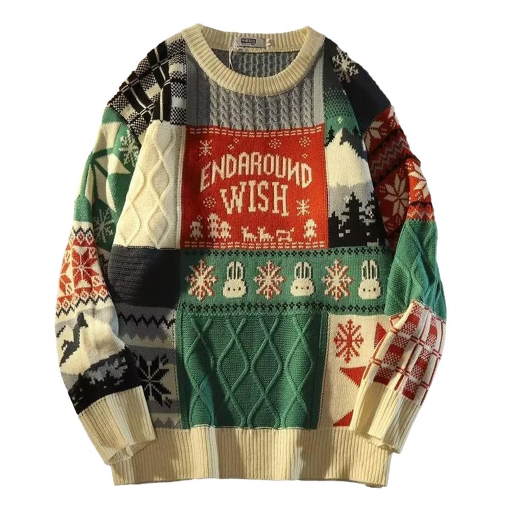 Description Picture 4 of itemColor-blocked Men Sweater Lightweight Long Sleeve Sweater Men's Retro Christmas Snowflake Print Knitwear Thickened for Autumn