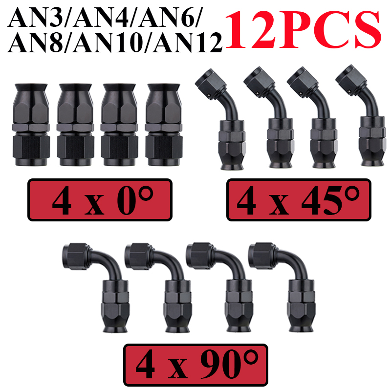 12 Stücke Universal AN3 AN4 AN6 AN8 AN10 Gerade 45 90 Grad Wiederverwendbare Schlauchendverschraubungen Adapter Für Schwenkbare PTFE Öl Kraftstoffleitung Rohr – Detail 1