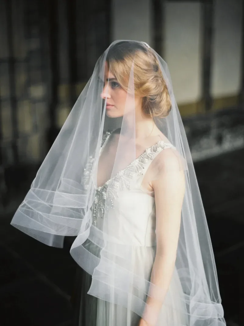 Double Horsehair Ribbon Wedding Veil With Blusher Fingetip Length Bridal Veils Custom Length Bridal Accessories Circle Drop Veils 6104107