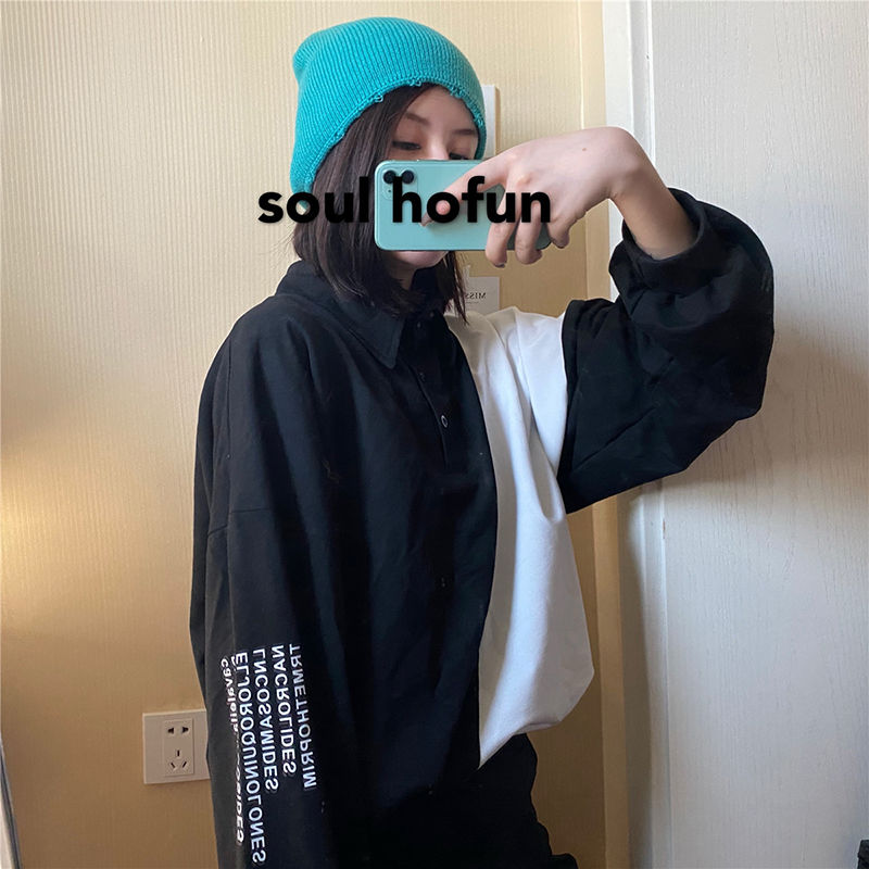 Houzhou Harajuku Hoodie Feminino Preto Branco Retalhos Polo Colarinho Solto Casual Manga Longa Camisola Carta Impressão Tops Streetwear 7 polo colarinho solto casual manga longa camisola