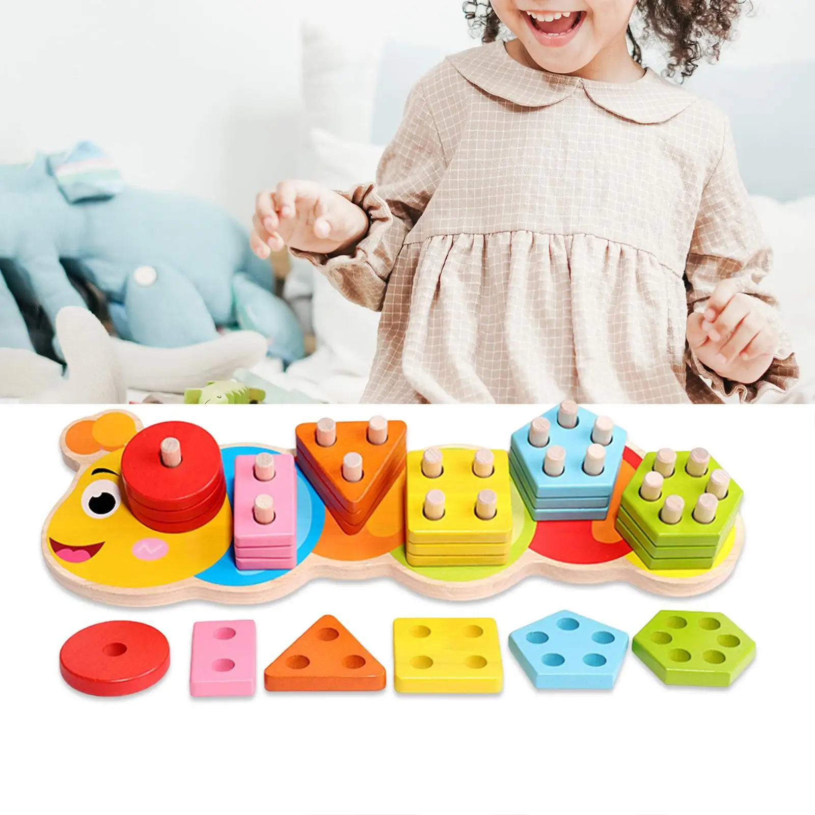 Montessori Shape Color Recognition Blocks Matching Puzzle Stacker Fine Motor Skill Color Shape Sorting Board for Cumulative Toy