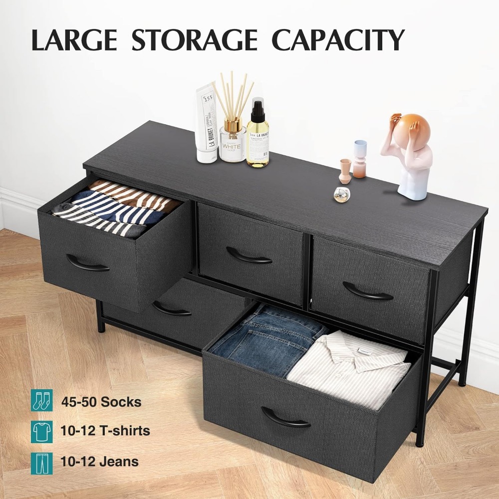 Description Picture 4 of item5 Drawers Dresser Fabric Dresser for Bedroom, Long Dresser with Wood Top for Bedroom, Closet, Entryway, Black