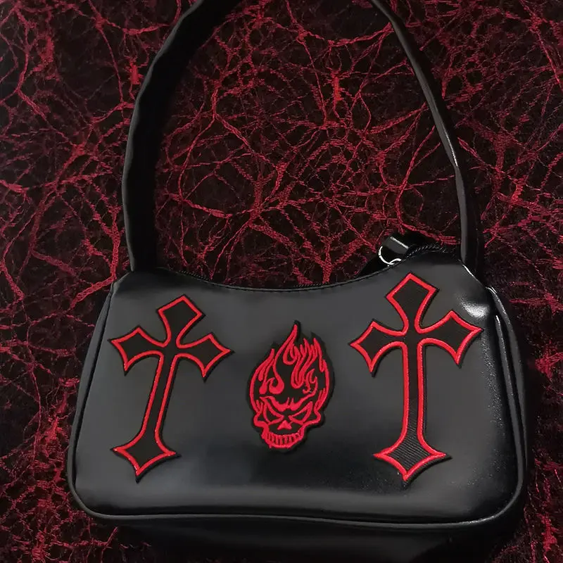 HAEX Gothic Women's Bag 2022 Trend Harajuku Y2k E Girl Aesthetic Handbags Fashion Cross Patchwork PU Black Shoulder Bag Female