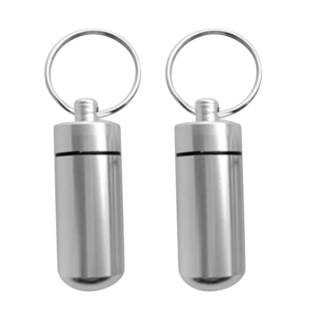 2pcs Waterproof Aluminium Alloy Pill Case Storage Keychain  Silver