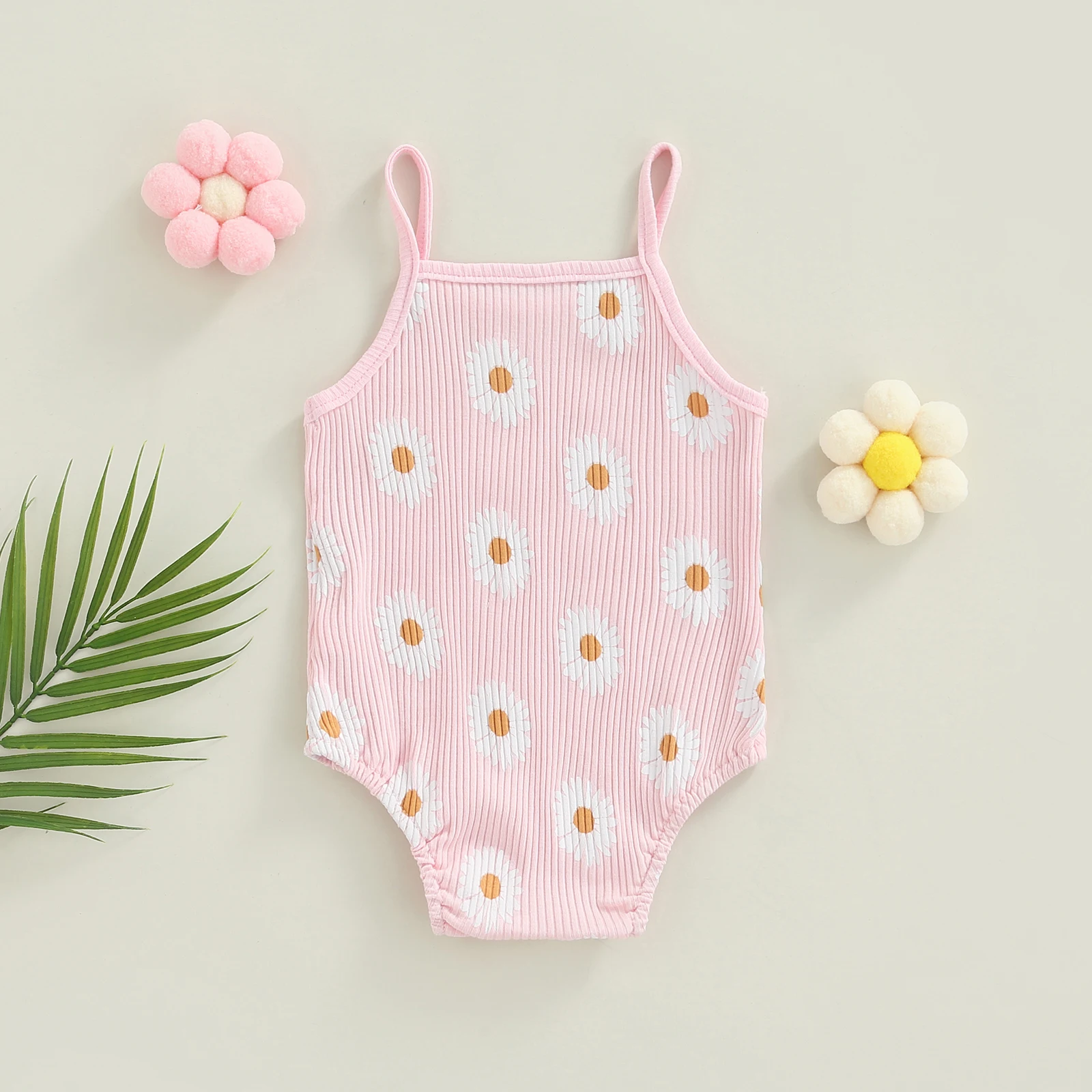 Newborn Baby Girls Summer Jumpsuits, Sleeveless Spaghetti Strap Daisy Print Ribbed Bodysuit bright baby bodysuits	