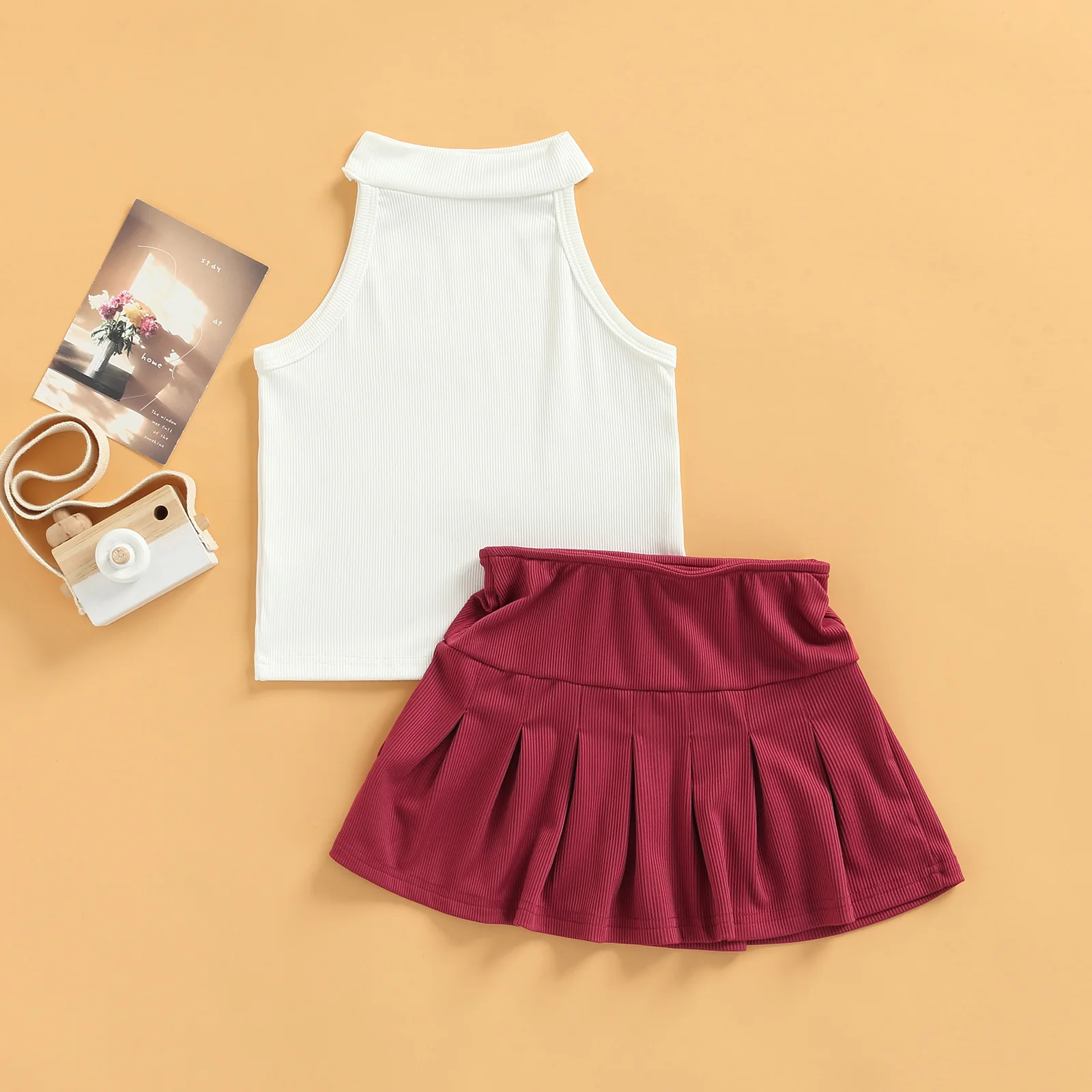 0-5Y Fashion Kids Girl Clothing Cold Shoulder Sleeveless White Top Vet  Button A-line Skirt Knit Summer Outfits 2pcs Set