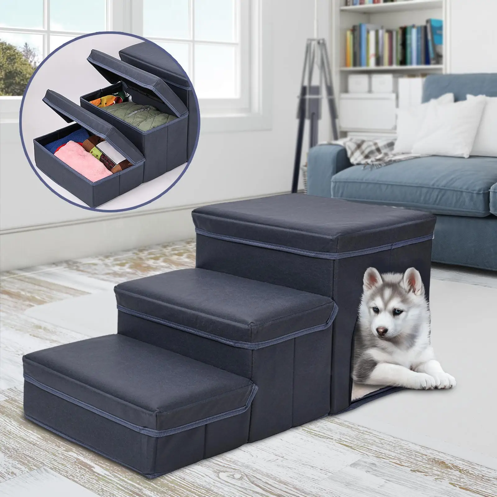 Folding Dog Steps Stair Pet Ramp Ladder Non Slip Bottom Storage Box for Cats