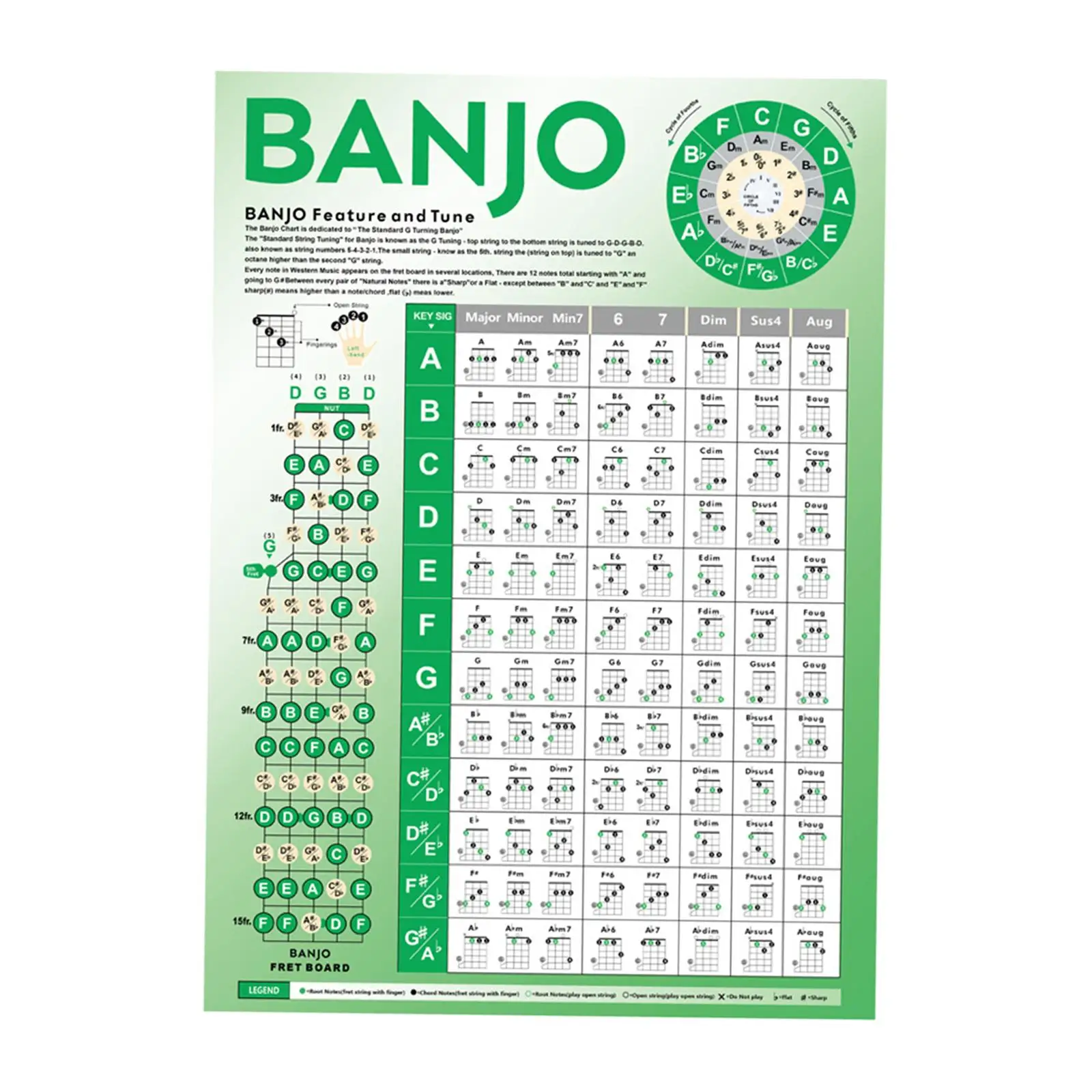 Coated Paper Banjo Chords Chart Portable Learning Aid Teaching Material for Piano Players Adults Pianist Friends Birthday Gifts