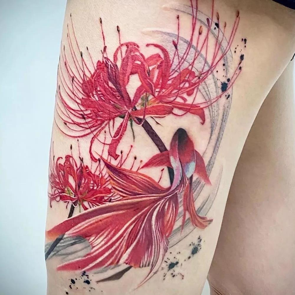 Rote Blume Fisch Tattoo Aufkleber Anhaltende Fake Tattoo für Frau Arm Temporäre Tattoo Koi Karpfen Kunst Faux Tattoos Wasserdicht Tatuajes – Detail 2