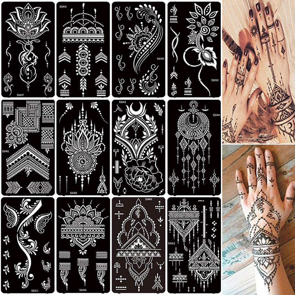 Best of 12 Sheets Henna Stencil Temporary Tattoo Sticker Airbrush India Flower Body Art Template For Wedding Party Reviews & Tips