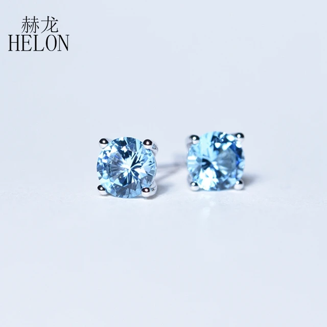 HELON Solid 14K White Gold Round 4mm Genuine Blue Topaz/Amethyst