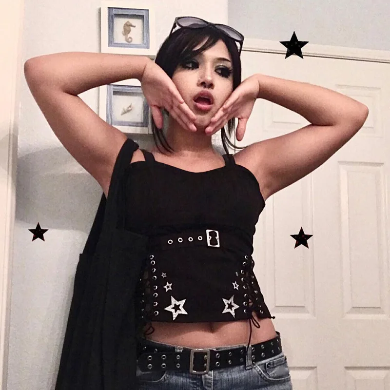 E-girl Gothic Star Print Corset Top Tie Up Bandage Skinny Cropped Dark Academia Mall Goth Grunge Camisole Punk Style Clothes