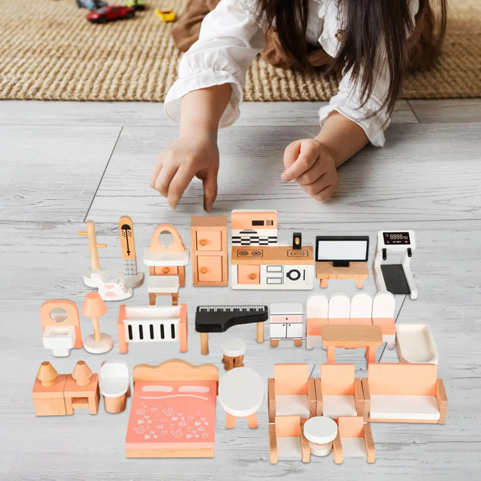 34 Pieces Wooden Dollhouse Furniture Set with Bathroom Living Room Dining Room Bedroom Kitchen Pretend Toys for Holiday New Year