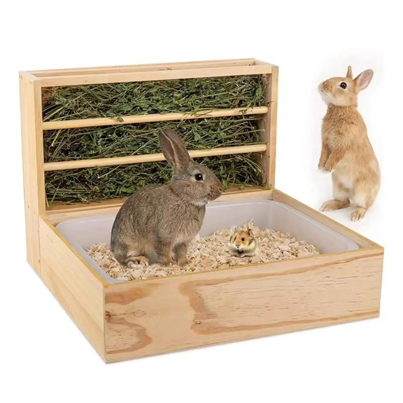 Bunny Hay Manger Cage Accessories Wooden Rabbit Hay Feeder with 