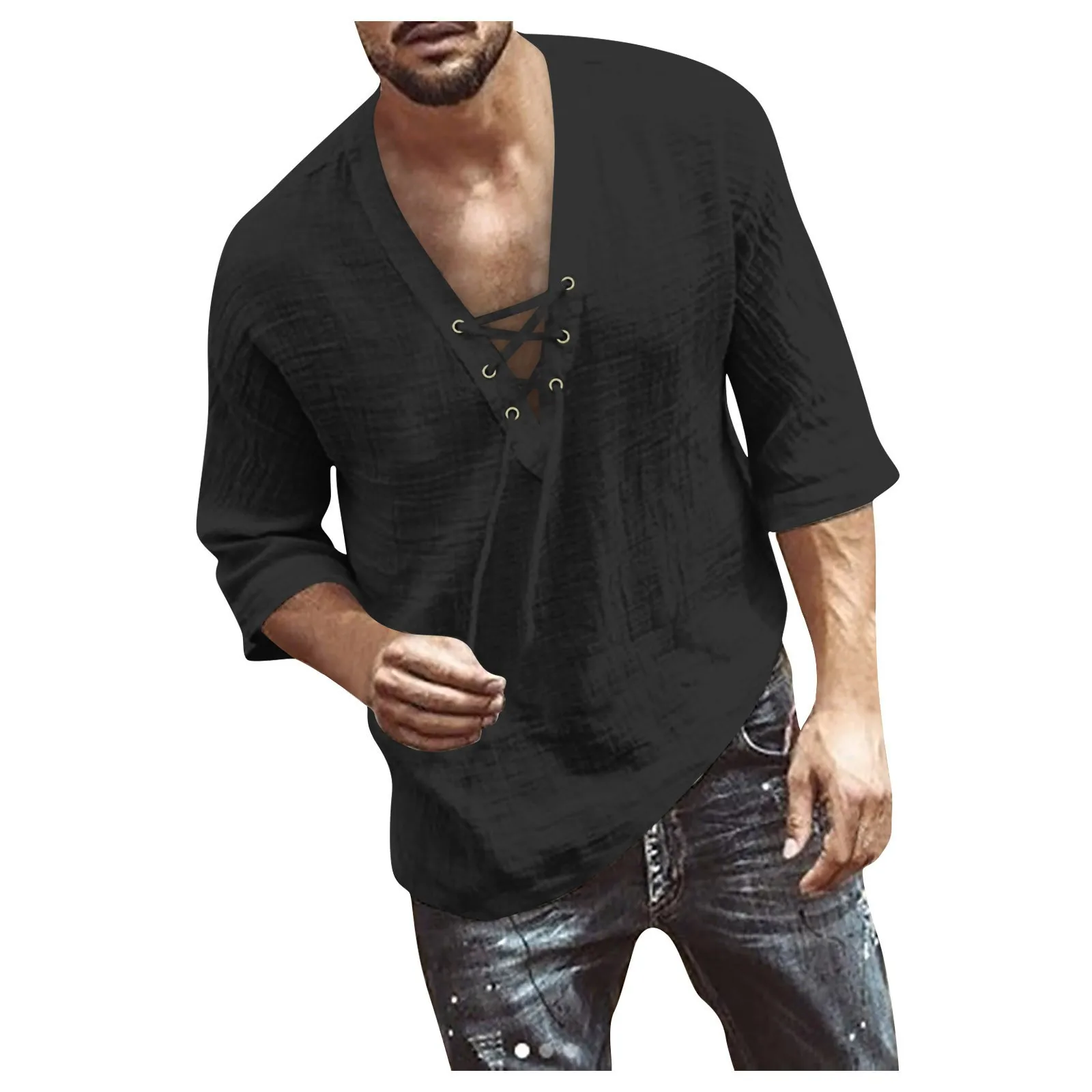 Camisas informales de lino y algodón para hombre, camisas holgadas con botones y cuello levantado, Tops de manga larga de Color sólido para primavera y verano