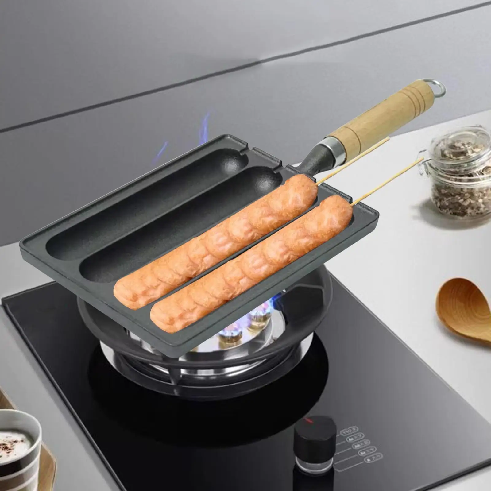 Sausage Grilling Pan Wooden Handle Nonstick DIY Homemade Hot Dog Grill Pan Corn Dog Grill Pan for BBQ Breakfast Outdoor Baking