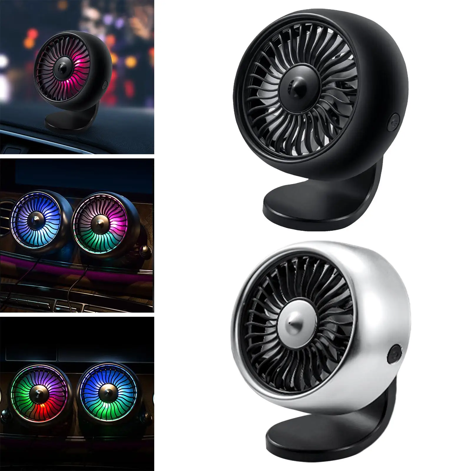 Car Fan Air Vent Mount Colorful Light USB Fan 3 Speed Electric Universal Two Mount Style Cooling Fan Fit for Auto SUV Vehicles