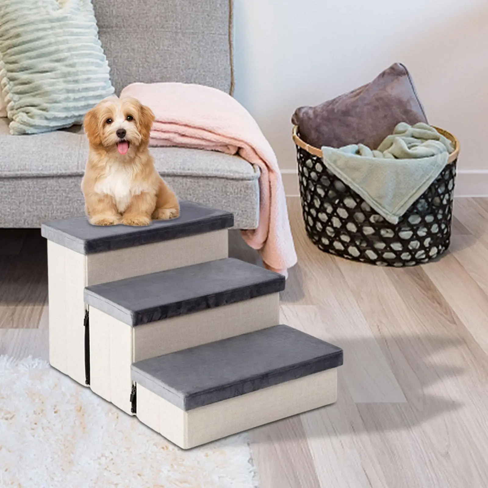 3 Step Dog Stairs Pet Steps Washable Cover Pet Stairs Ramp Pet Ladder with Storage Box Pet Storage Stepper for Couch Indoor Bed