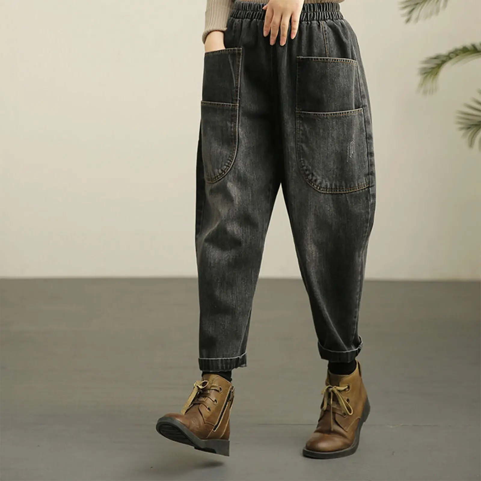 Women`s Harem Denim Pants Casual High Waist Denim Jeans Girls Harem Trousers