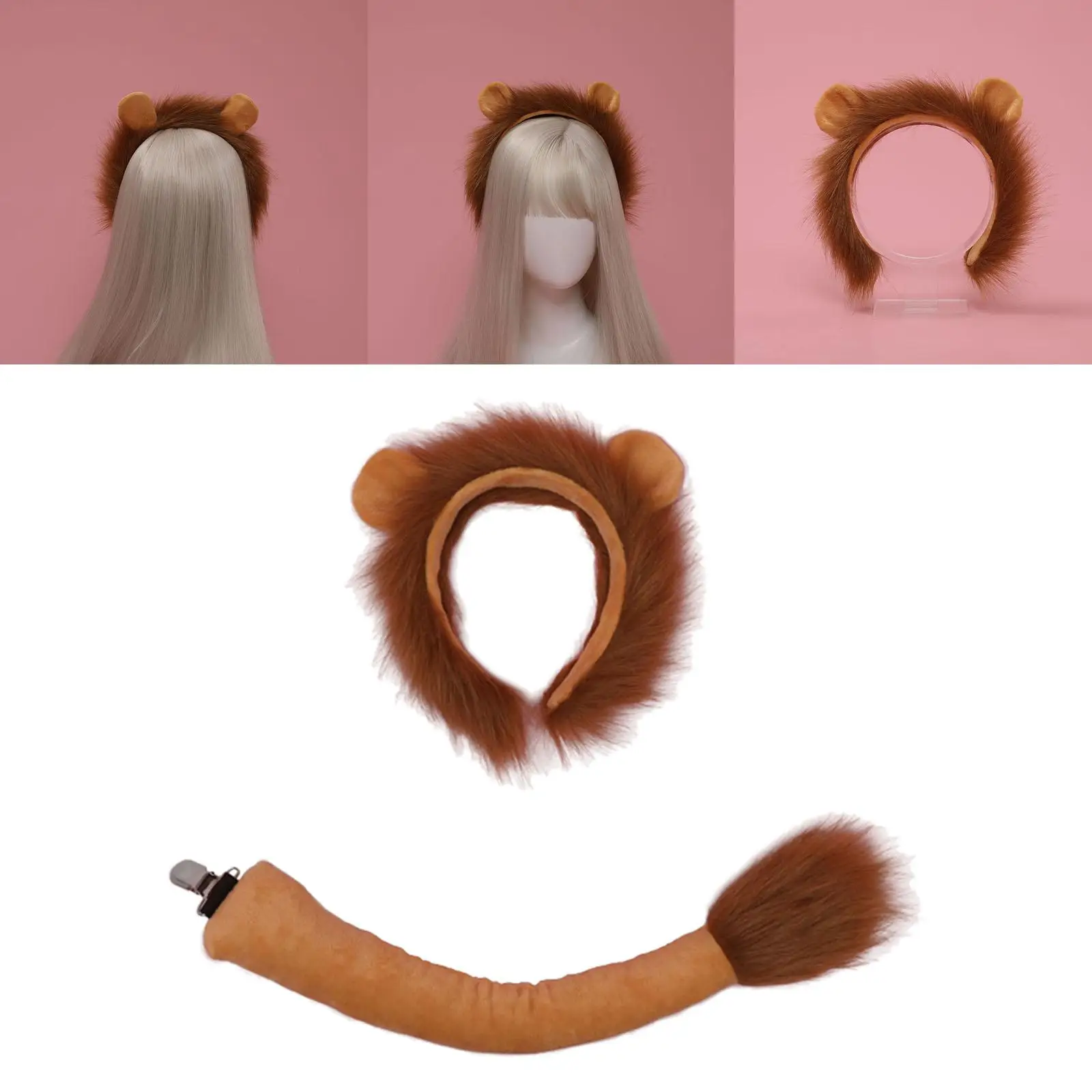 Lion Tail Ears Set Plush Fancy Dress Jungle Animal Ears Costume Headwear Cosplay for Adult Show Halloween Carnival Party