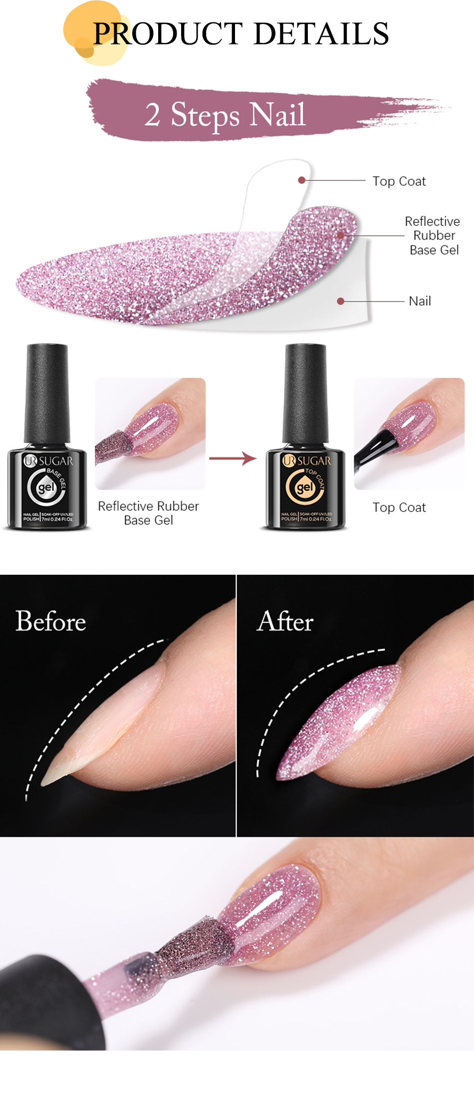 Description Picture 4 of itemUR SUGAR 7ml Champagne Reflective Rubber Base Gel 2 in 1 Sparkling Glitter Flash Base Gel Soak Off UV LED Nail Art Varnish