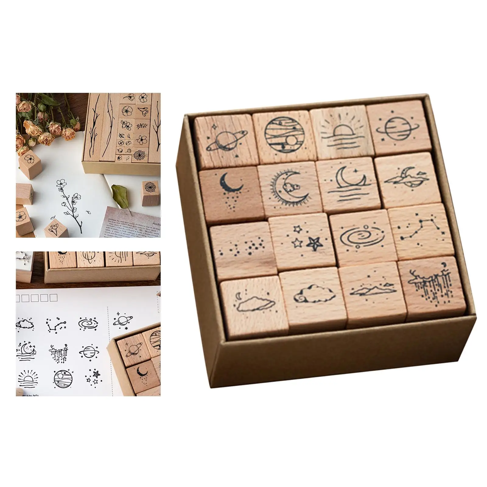 16x Wooden Rubber Stamp Set DIY Scrapbooking Moon Sun Rain Cloud Stars for Planner Diary Printing