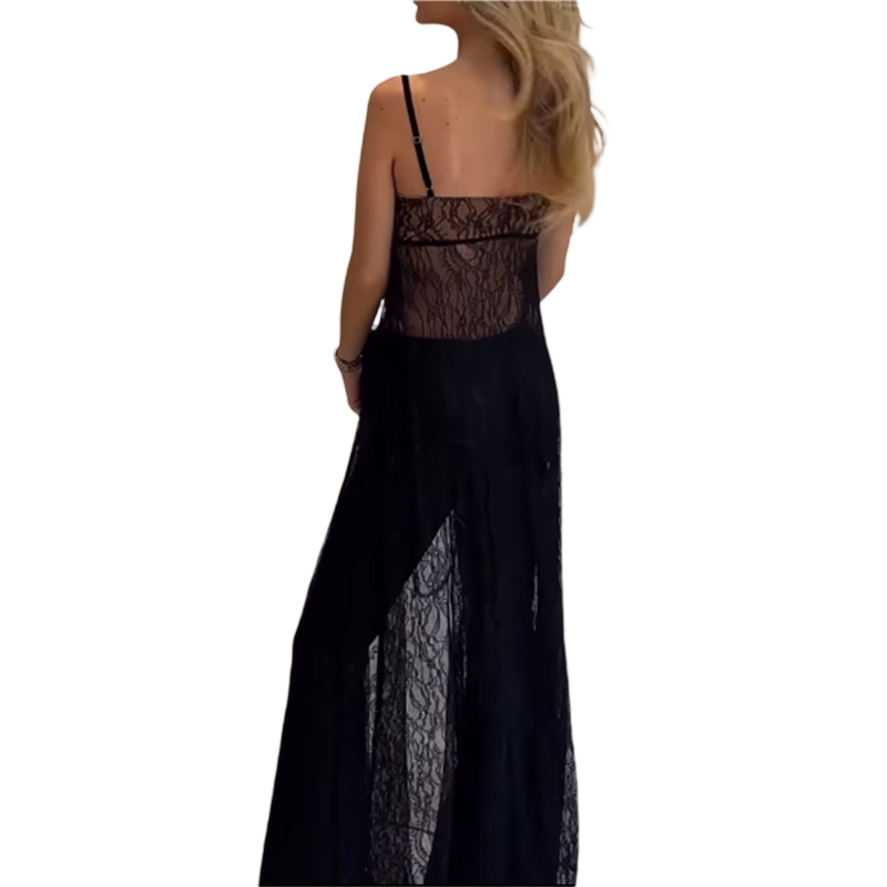 Women Beach Dresses Summer Solid Color See Through Spaghetti Strap Sleeveless Lace Long Dresses Bikini Cover Up