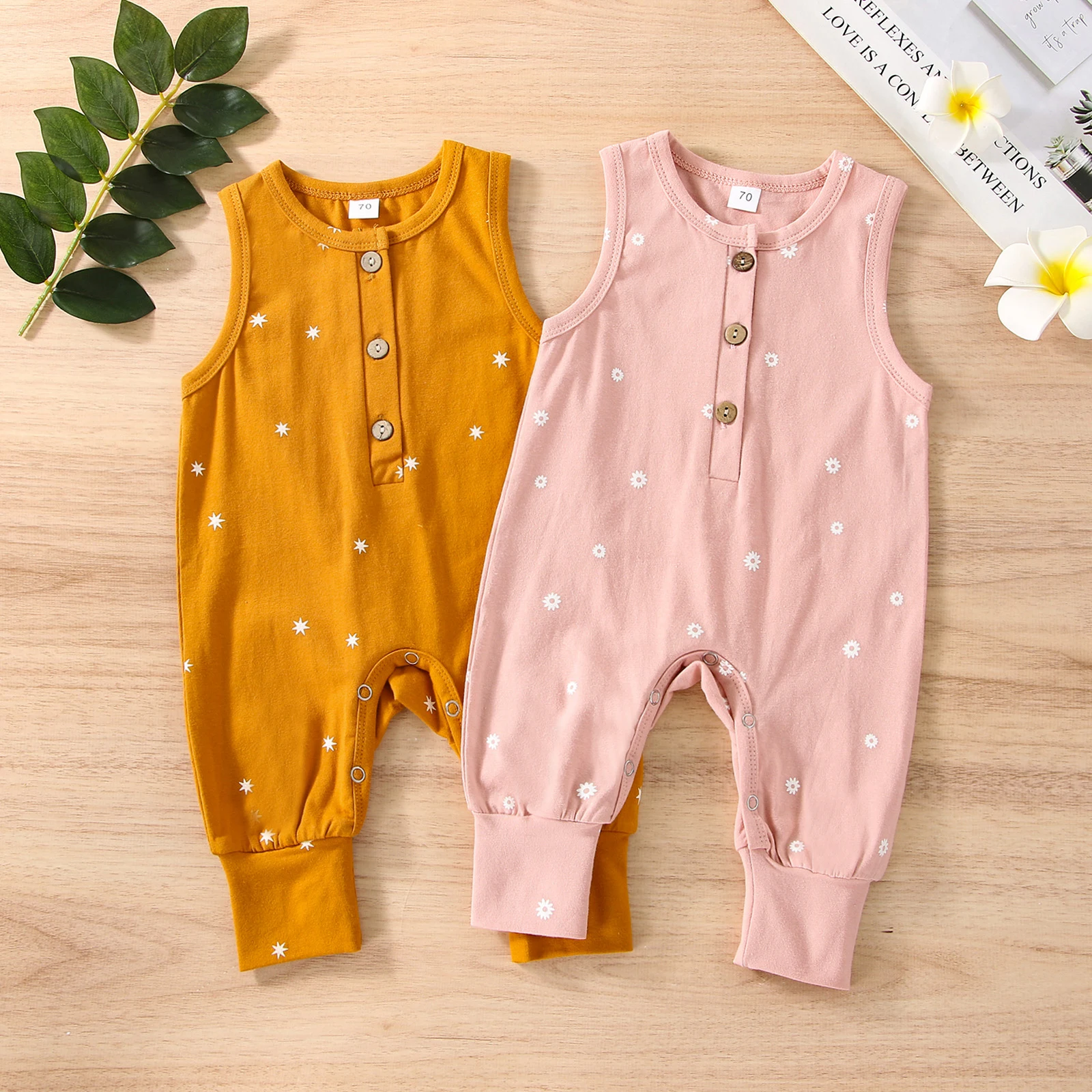Infant Baby Girls Boys Romper, Star Print Round Neck Sleeveless Jumpsuit with Buttons for Summer, 0-18 Months Baby Bodysuits Fur