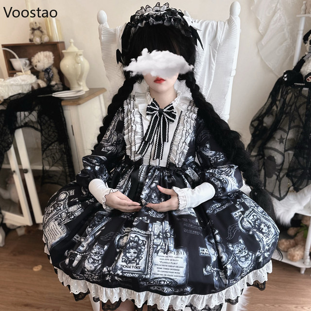 高い信頼 厚い信頼 Japanese Lolita Ruffles Gothic Print Cat Antique Dress Op Clothing