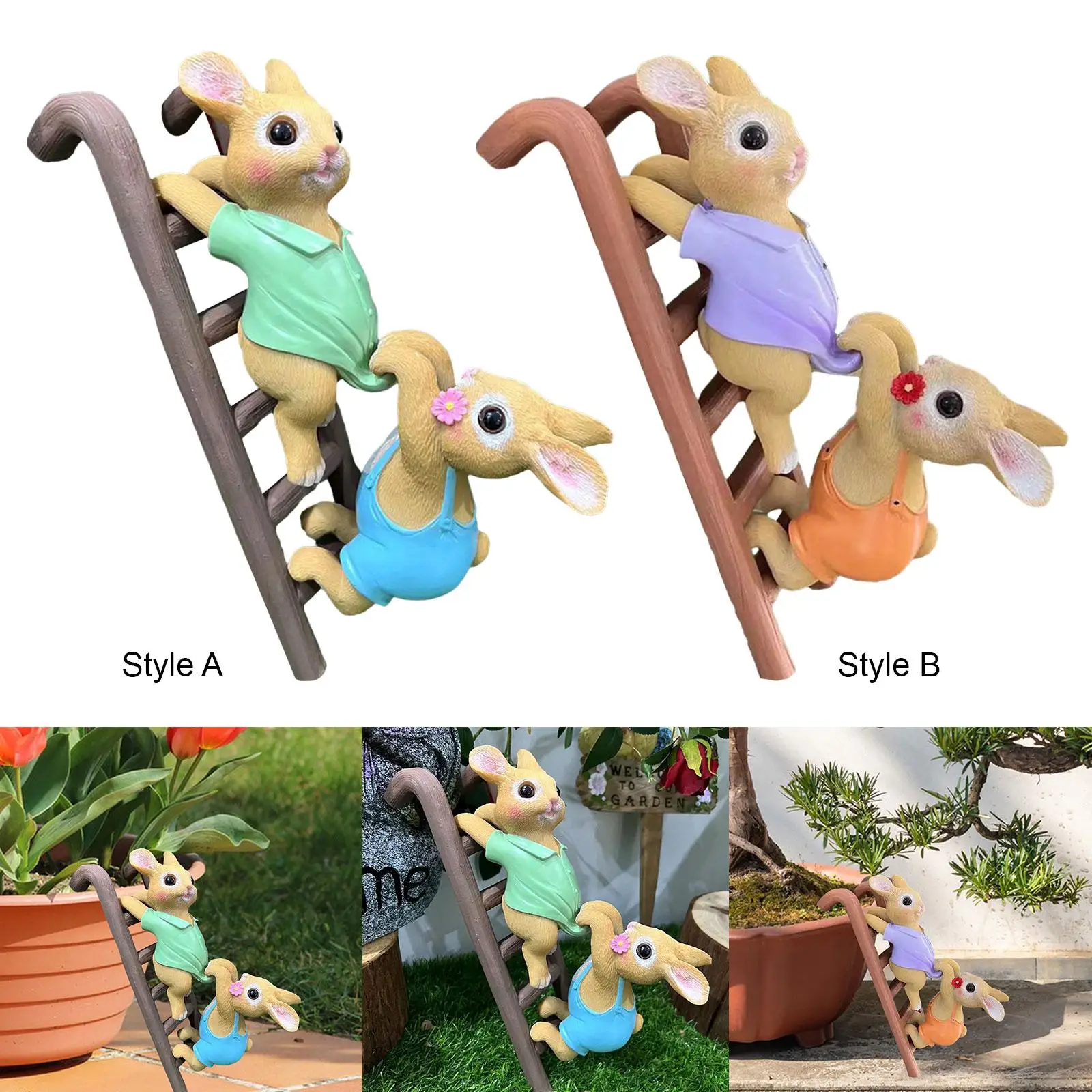 Cute Climbing Ladder Rabbits 3 in 1 Planter Pot Hanger Micro Landscape Photo Props Crafts Garden Decoration for Patio Lawn Yard