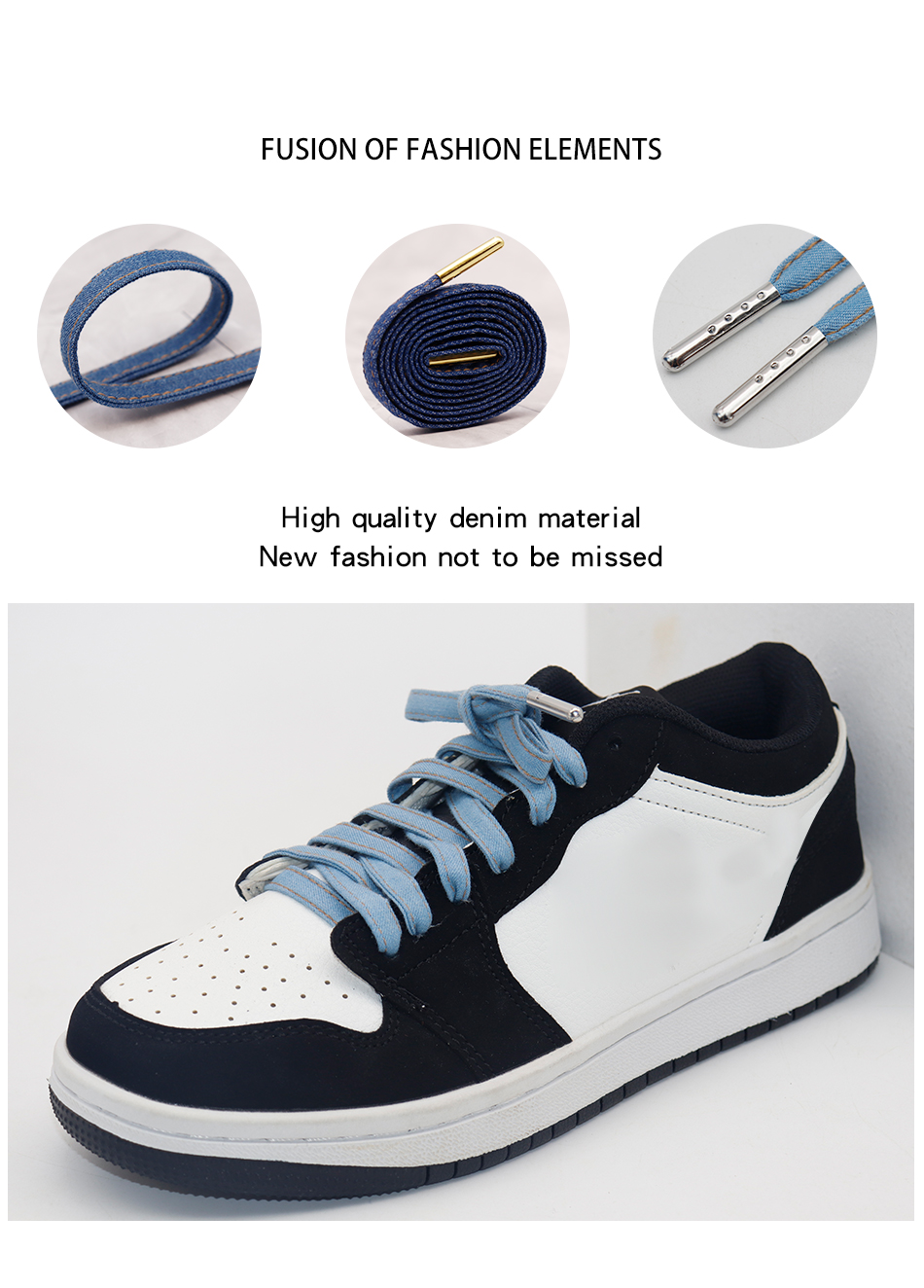 Coolstring 8mm Premium Flach Denim Schnürsenkel Metall Aglet Klassische Schnürsenkel Anpassen Ihre Kicks Blau Schwarz Schnürsenkel Für Turnschuhe – Detail 5