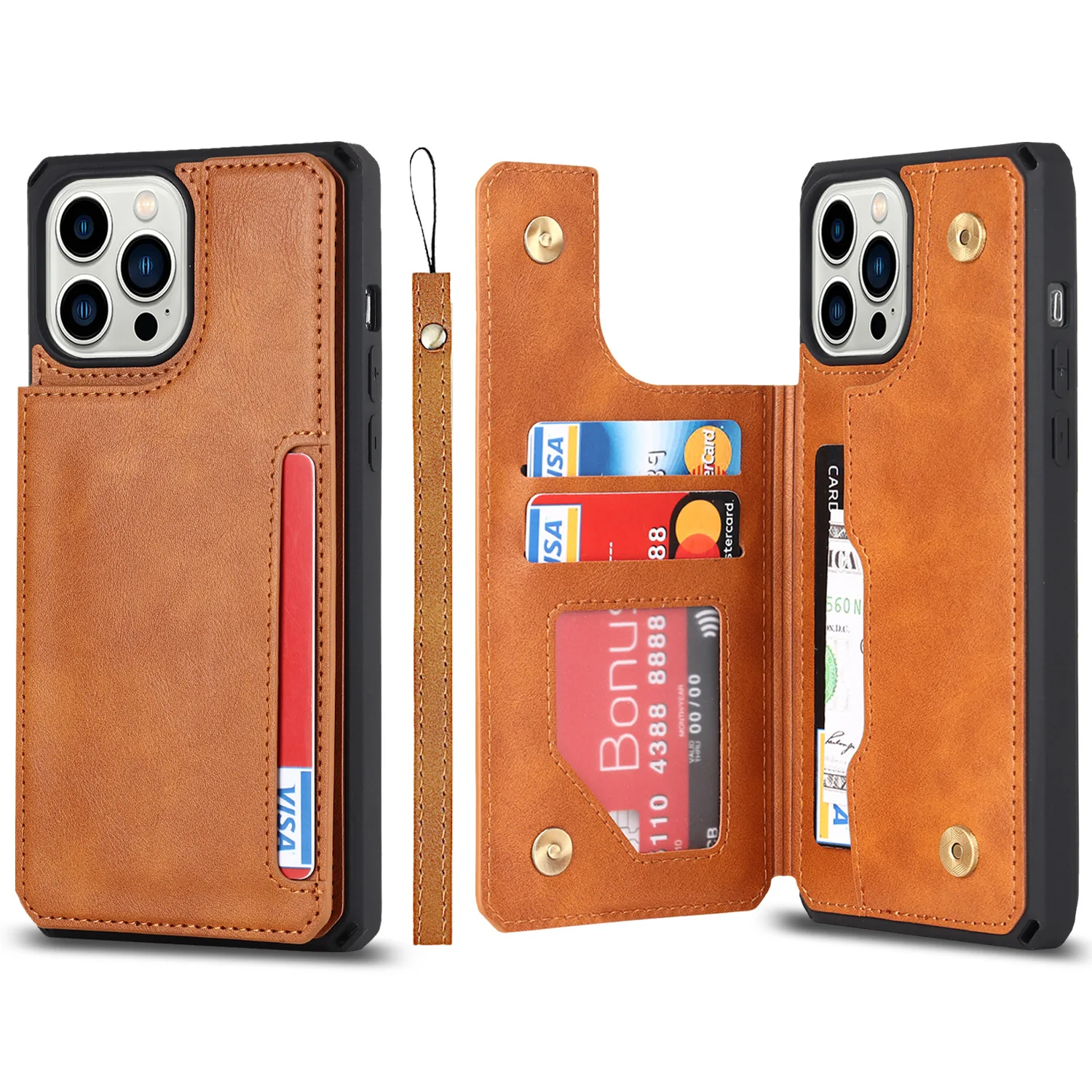 Кожаный чехол-книжка для iPhone 12 13 Mini 14 11 Pro Max, кошелек, чехол  для телефона с отделениями для кредитных карт, подставкой и ремешком |  AliExpress