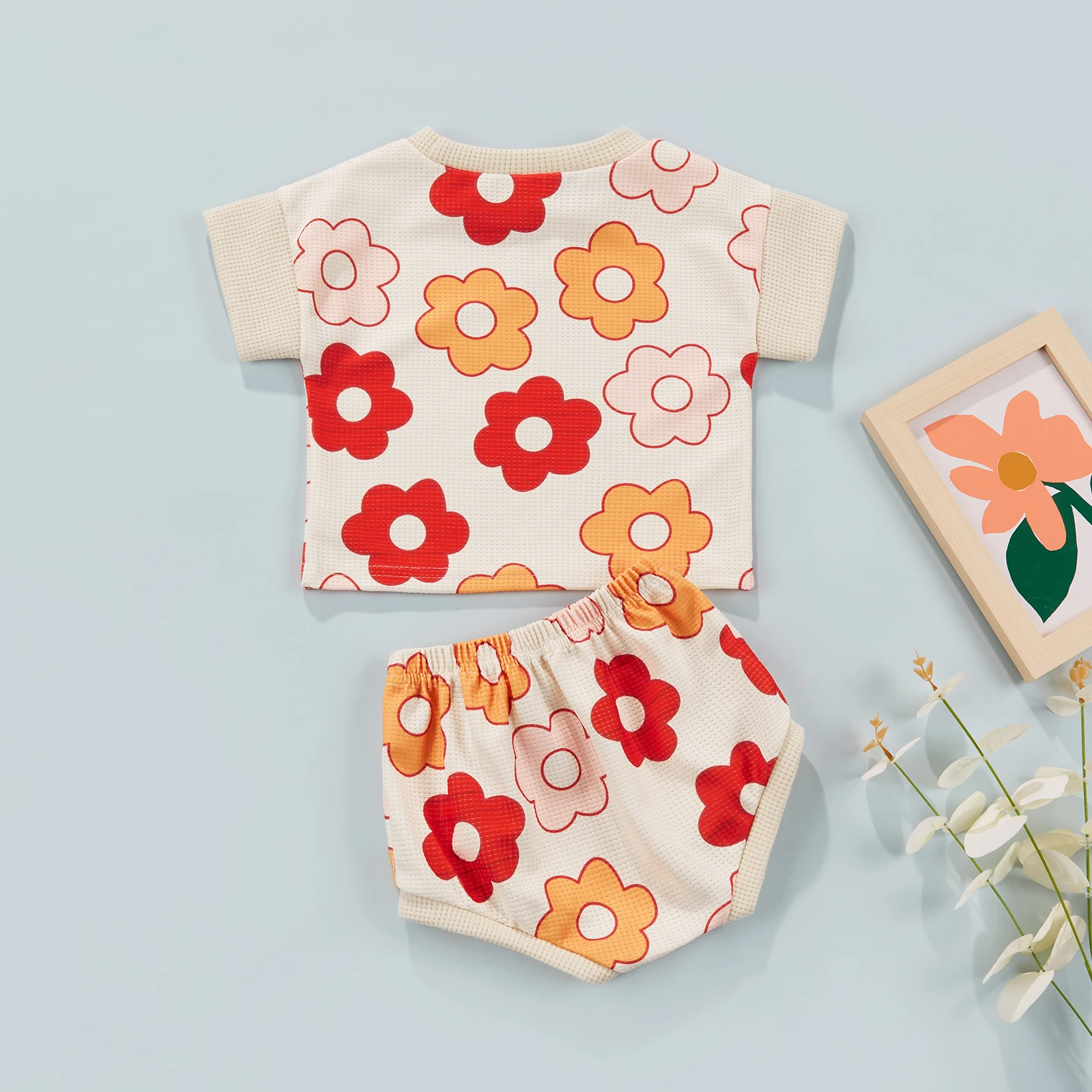 2022 0-3.5YCute Baby Girls Clothing Toddlers Summer Creative Flower Printing Patch Round Collar Short Sleeve Tops+Shorts Set Baby Clothing Set comfotable