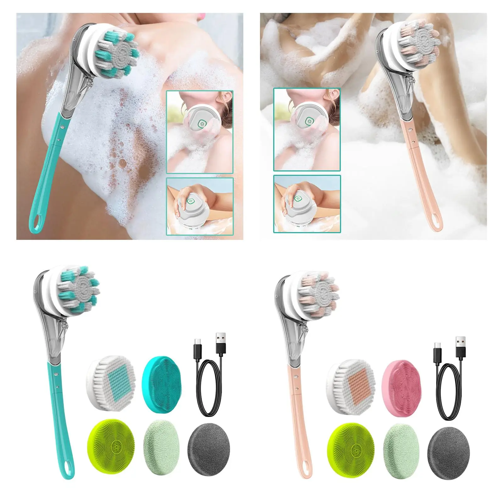 Electric Body Brush Scrubber Cordless Waterproof USB Rechargeable Detachable Spinning Skin Brush for Showering Cleansing Bathing