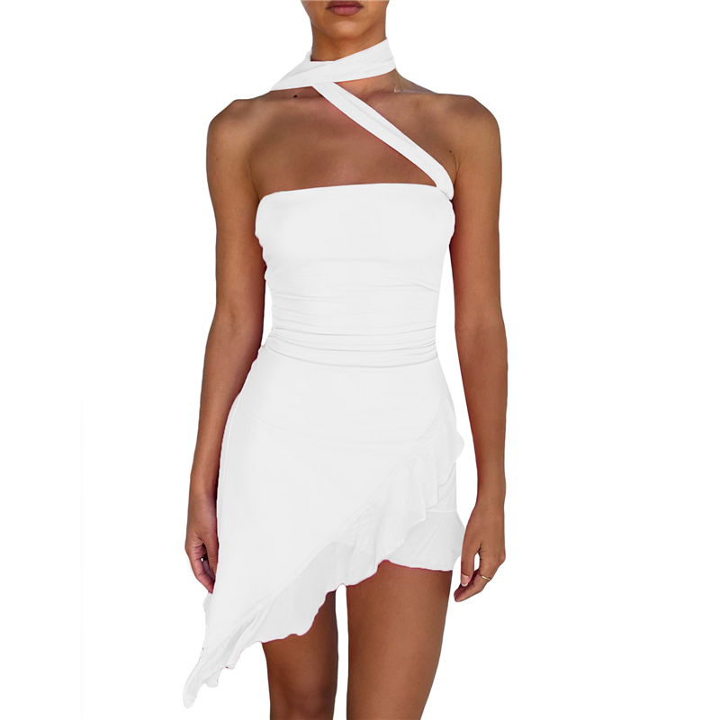 Ruffled Dresses for Women Summer Solid Color Sleeveless Halterneck Backless Irregular Hem Midi Dress y2k Party Dress