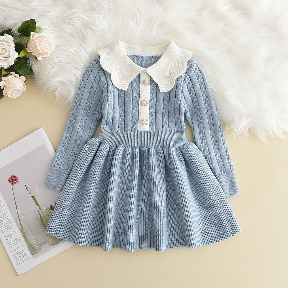 3-7 Jahre Alte Koreanische Version Marineblaues Süßes und Niedliches Mädchenkleid Herbst- und Winter-Strickkleid mit Langen Ärmeln für Kinder – Detail 27
