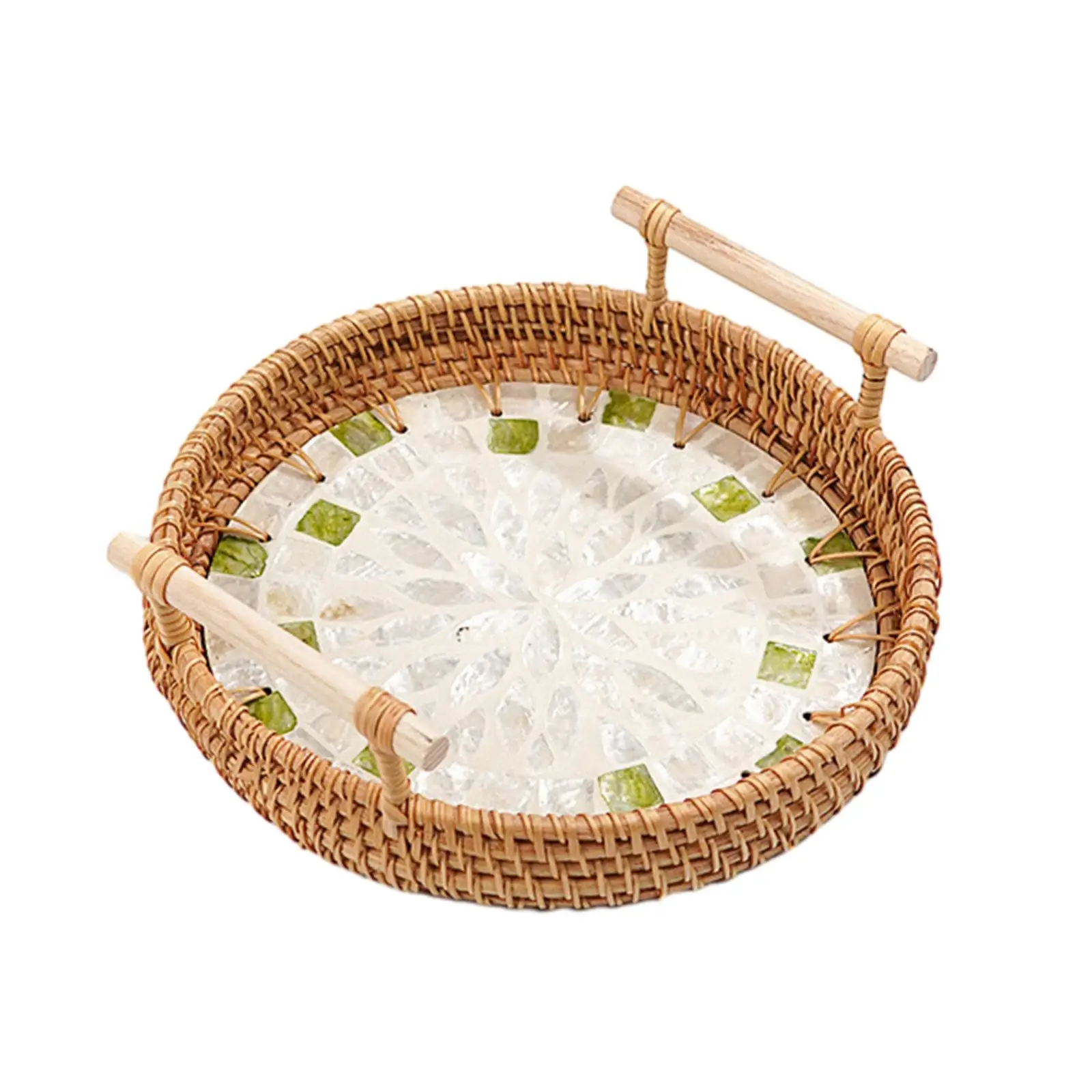 Woven Rattan Serving Tray with Handles Breakfast Cake Snacks Tray for Coffee Table Afternoon Tea Living Room Parties Countertop