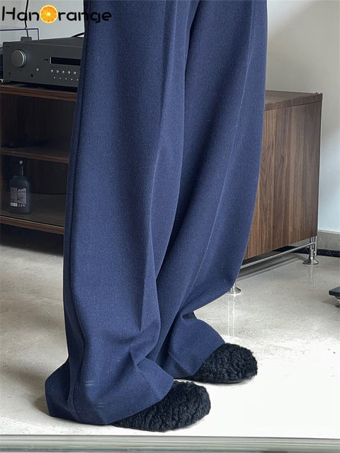 HanOrange 2022 Winter Languid Woolen Wide Leg Pants Casual High Waist Loose  Comfortable Thick Trousers Female Grey/Navy