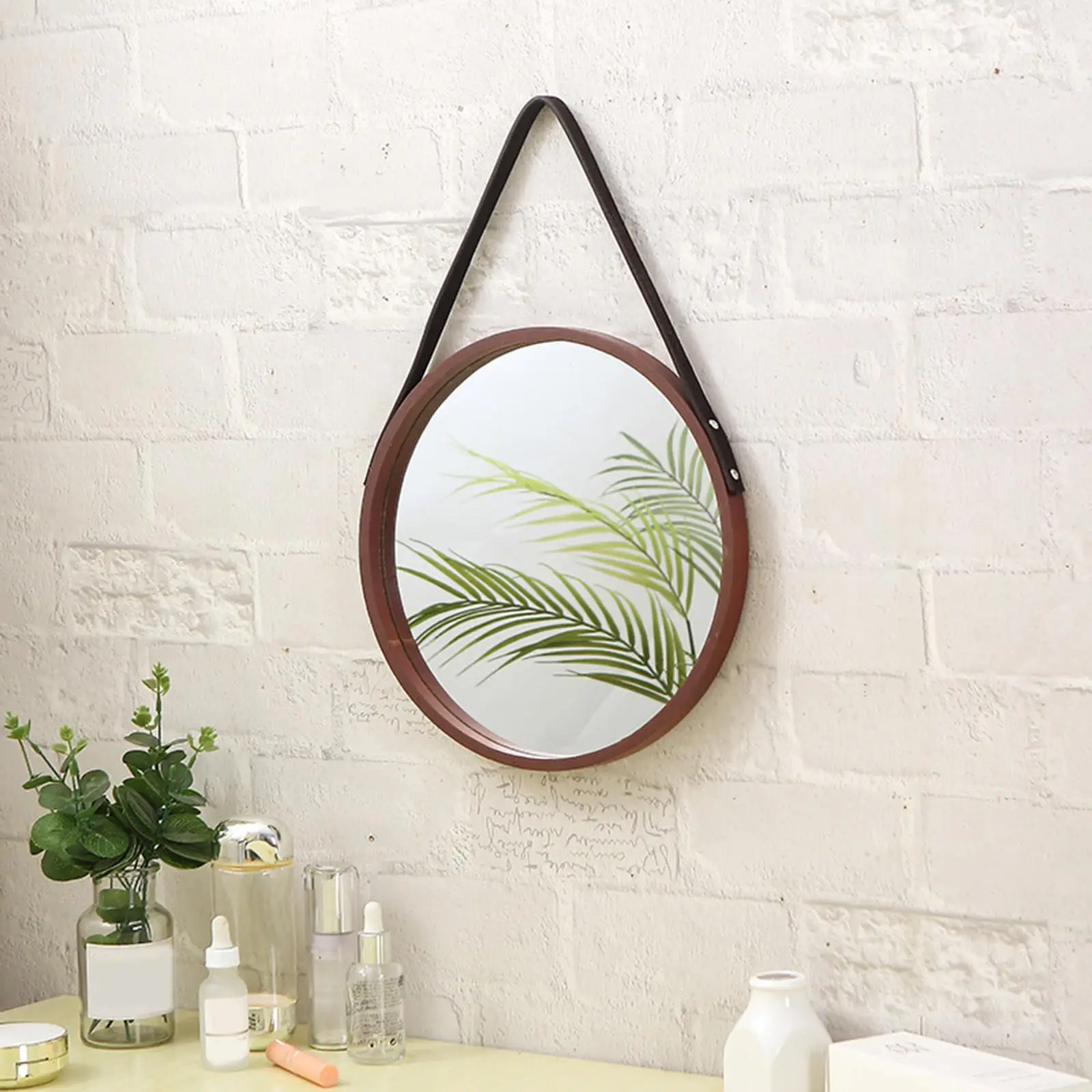 Hanging Mirror Wall Mounted Wood Framed Ornament Makeup Mirror  Circle  for Entryway Dresser Bathroom Dorm Decor