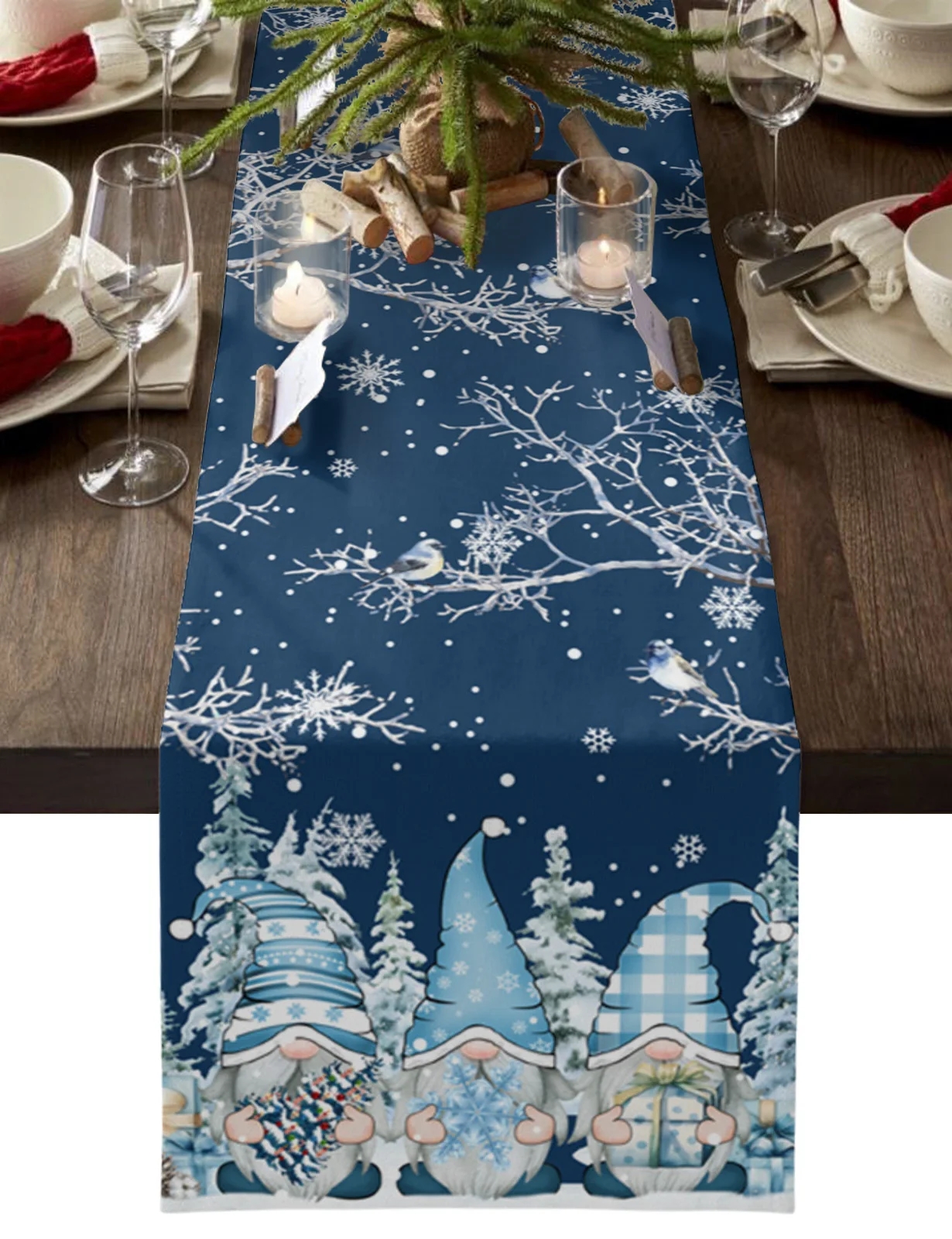 Christmas Gnome Snow Scene Linen Table Runners,