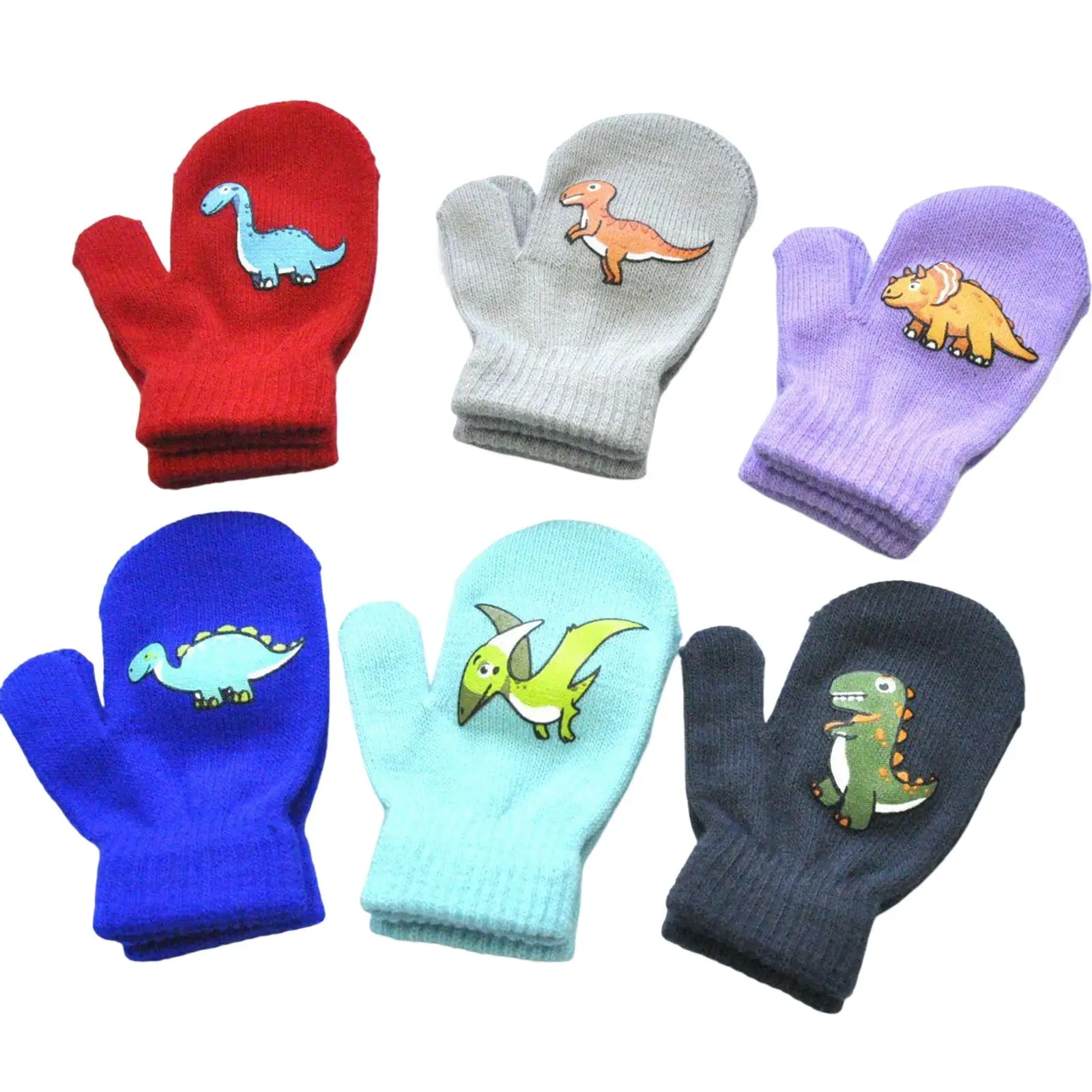 6x Children Winter Gloves Dinosaurs Pattern Full Fingers for Boys Girls Soft