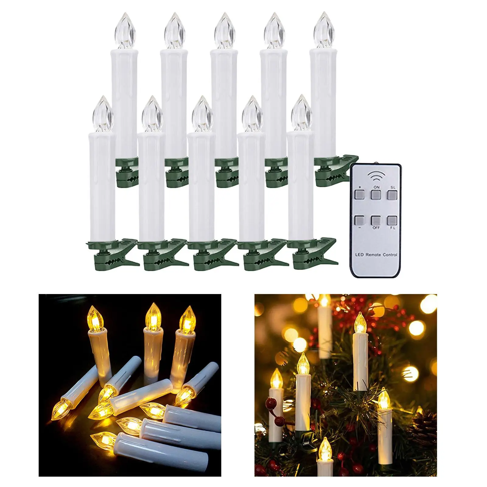10pcs LED Taper Candles Light, Battery Powered Flameless Candles with Clips for Chirstmas Tree Party Wedding Decoration Gift