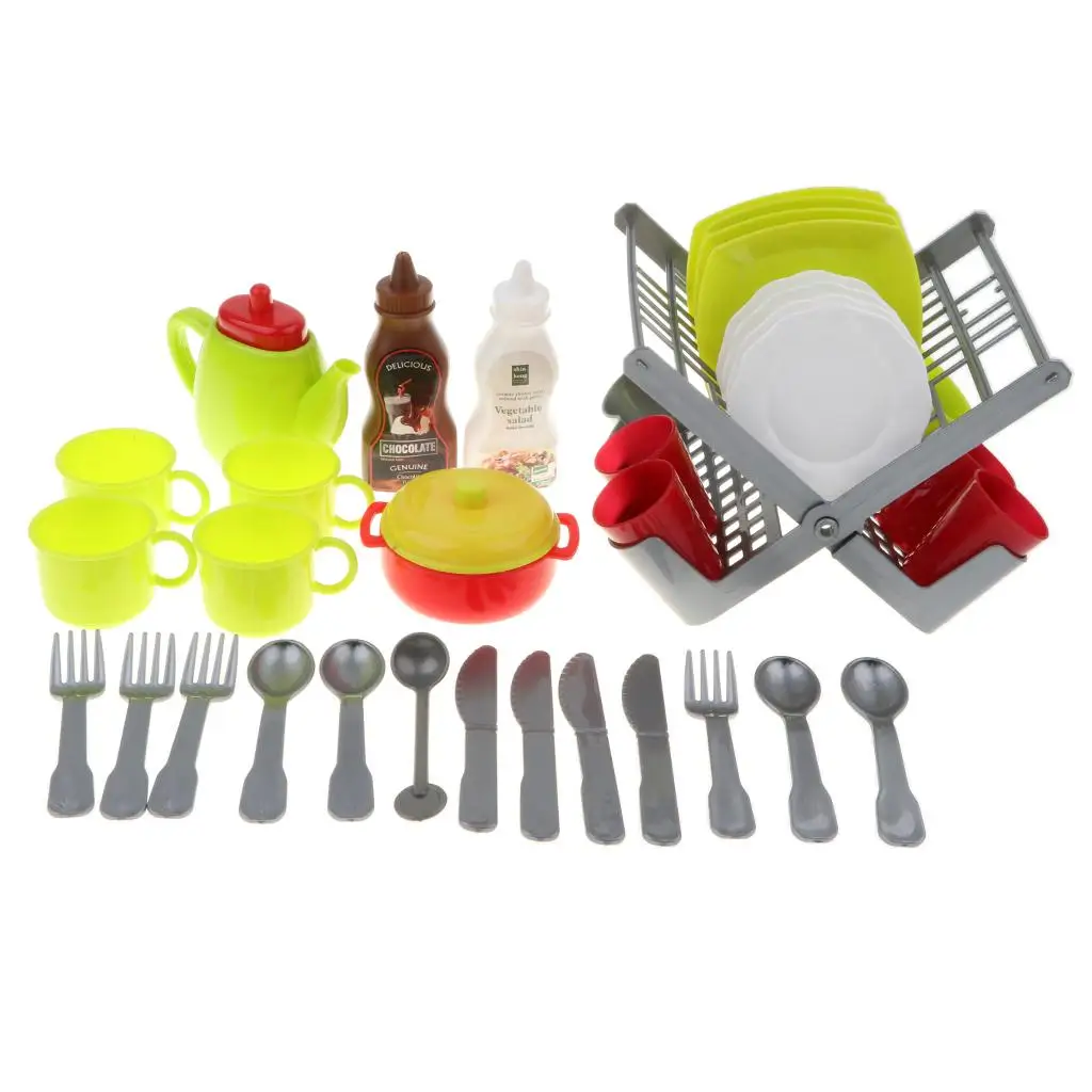 Pretend Play Kitchen Dishes Set for Children, 34 Parts with Draining Rack