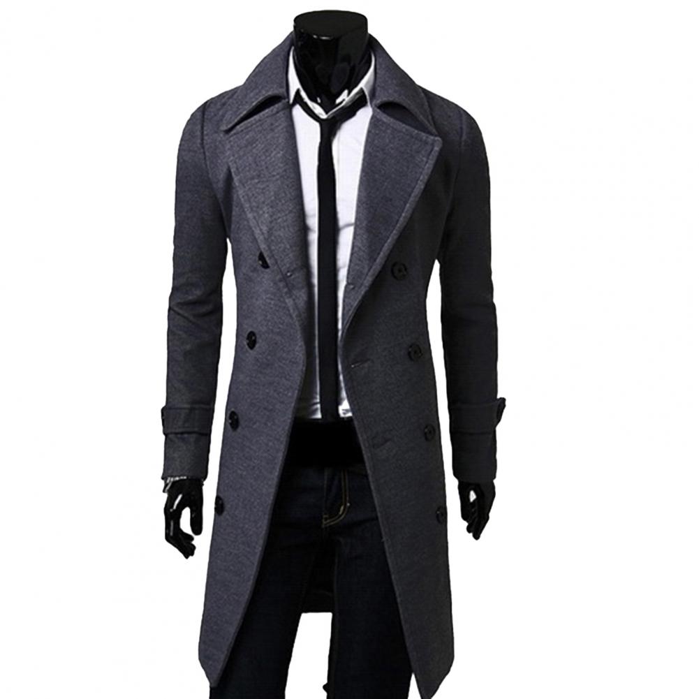 Description Picture 2 of itemMen Jacket  Double-breasted   Long Trench Coat Thick Pure Color Jacket