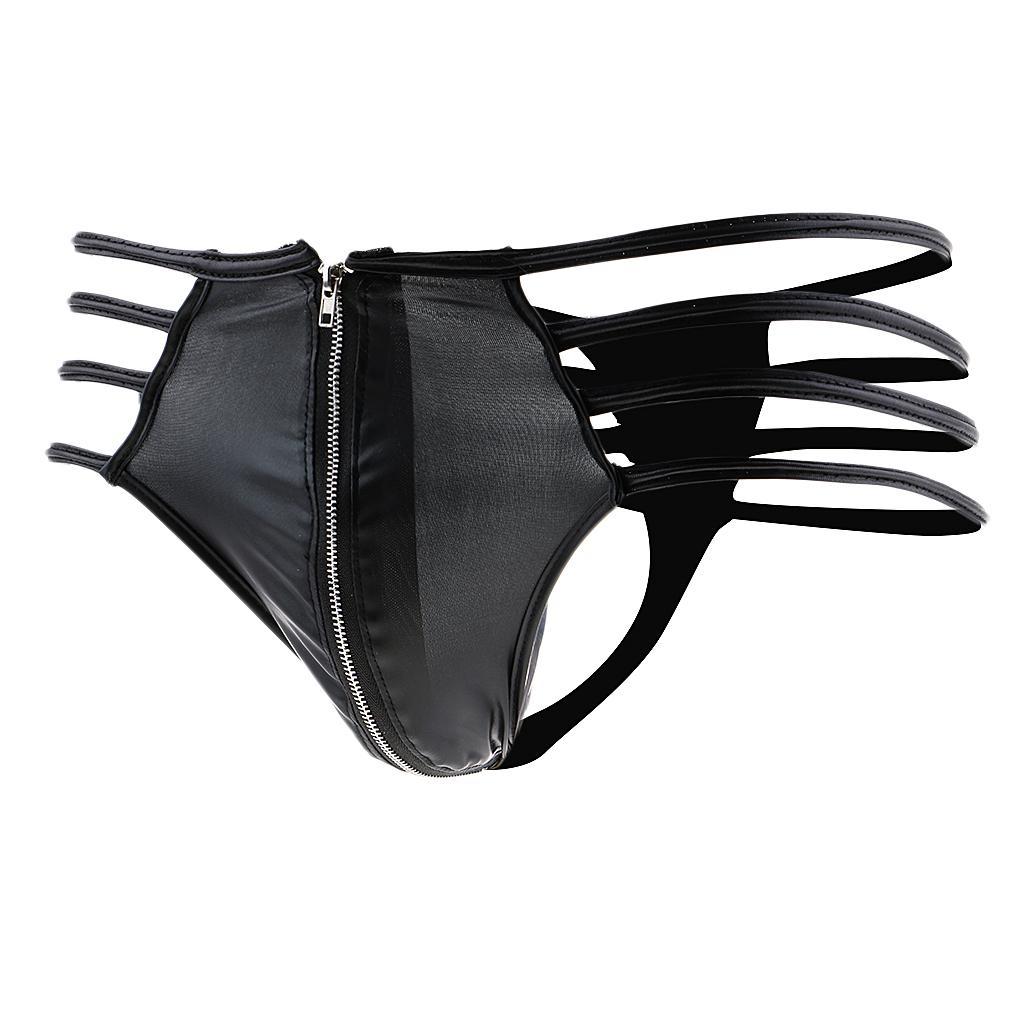 Black PU Leather Pouch Thong Front Zip T Back Underwear Briefs for Men