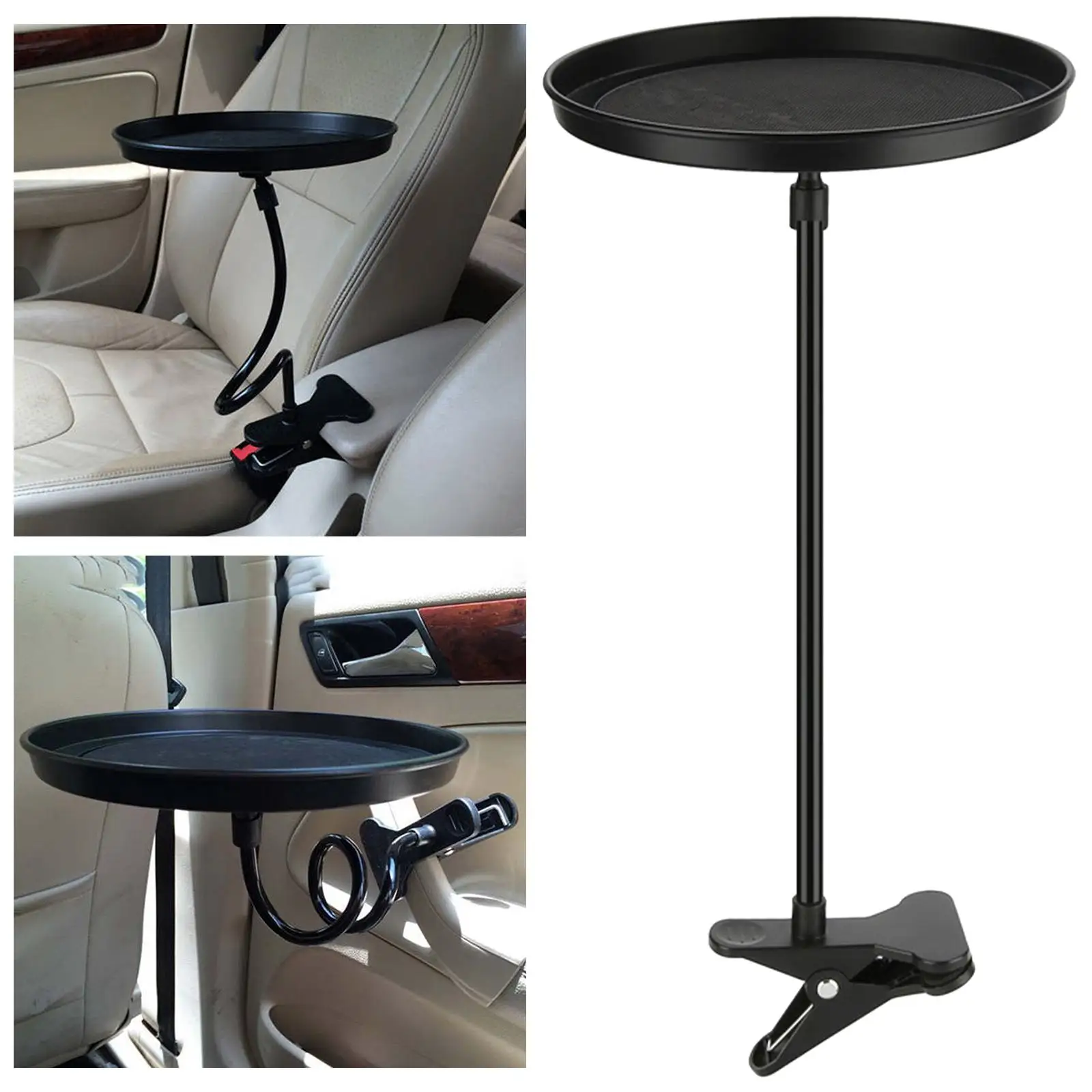 1x Car Food Tray Non-Skid Adjustable Black Universal Round Holder W/ Clamp  Passenger Seat Bottle Eating