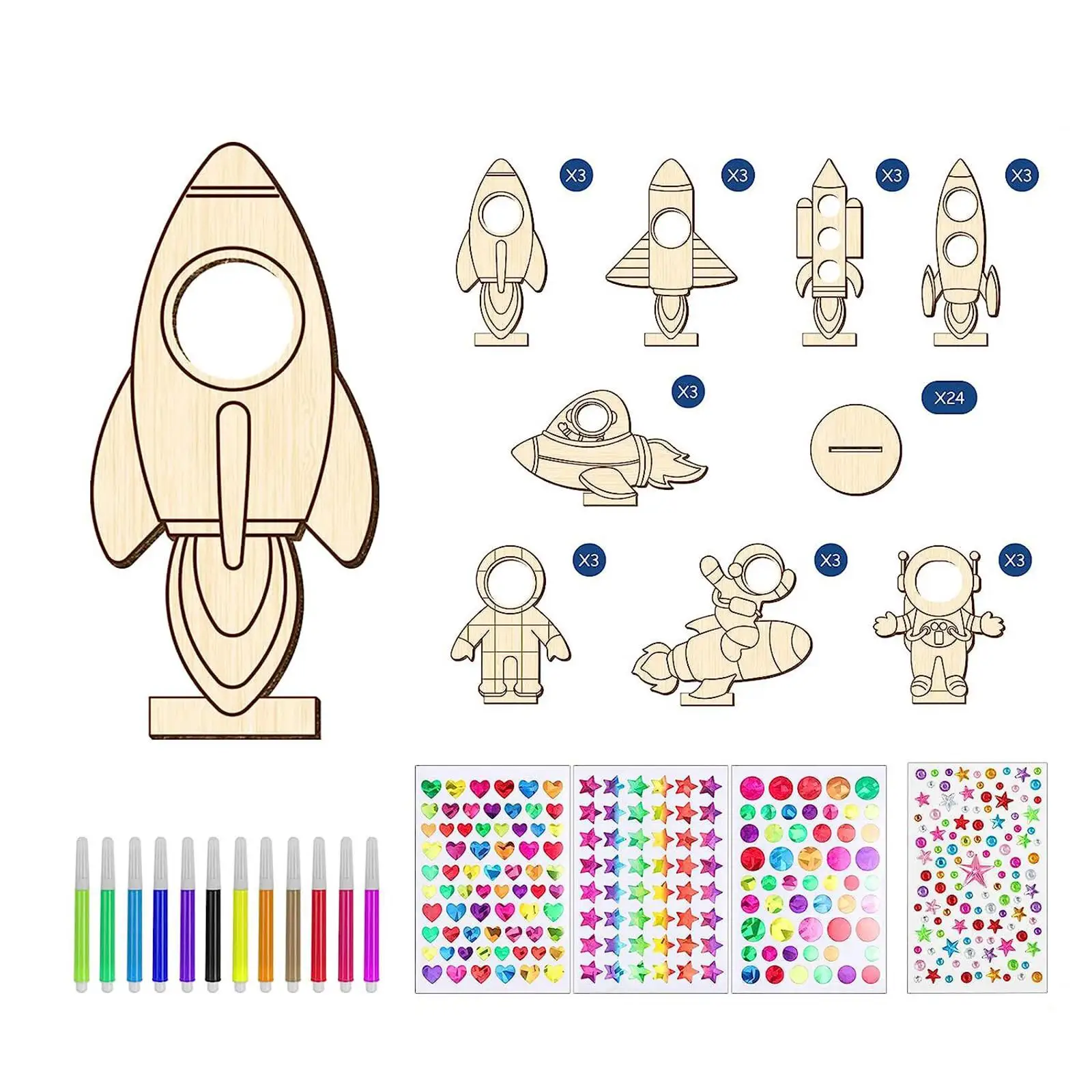 24Pcs Unfinished Wooden Cutouts Ornaments Wooden Paint Crafts Rockets Astronaut Wood Shapes for Halloween Home Painting Crafting