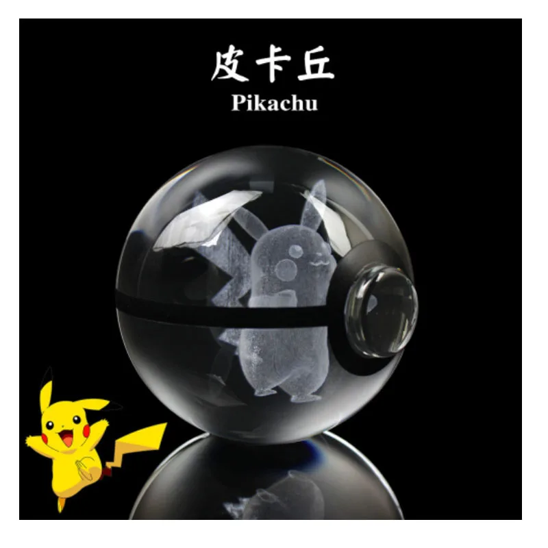 Anime Pokemon Pikachu 3D Crystal Ball Pokeball Anime Figures Engraving Crystal Model with LED Light Base Kids Toy ANIME GIFT