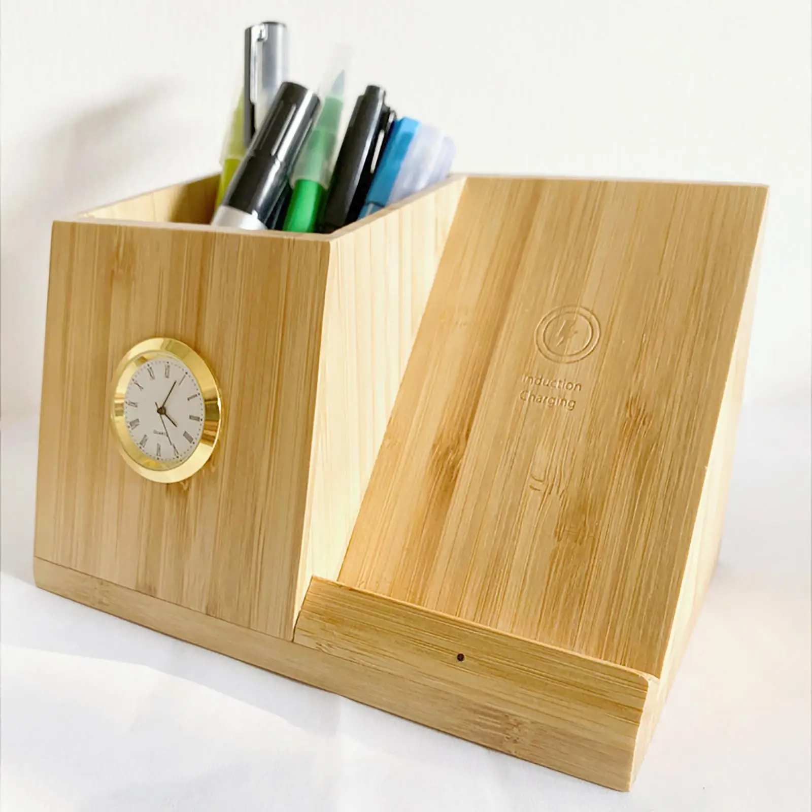 1x Wireless Charger 10W Pen Holder W/ Clock Bamboo Wood 4in1 Multifunction Durable Phone Charging Station for Pencil Storage