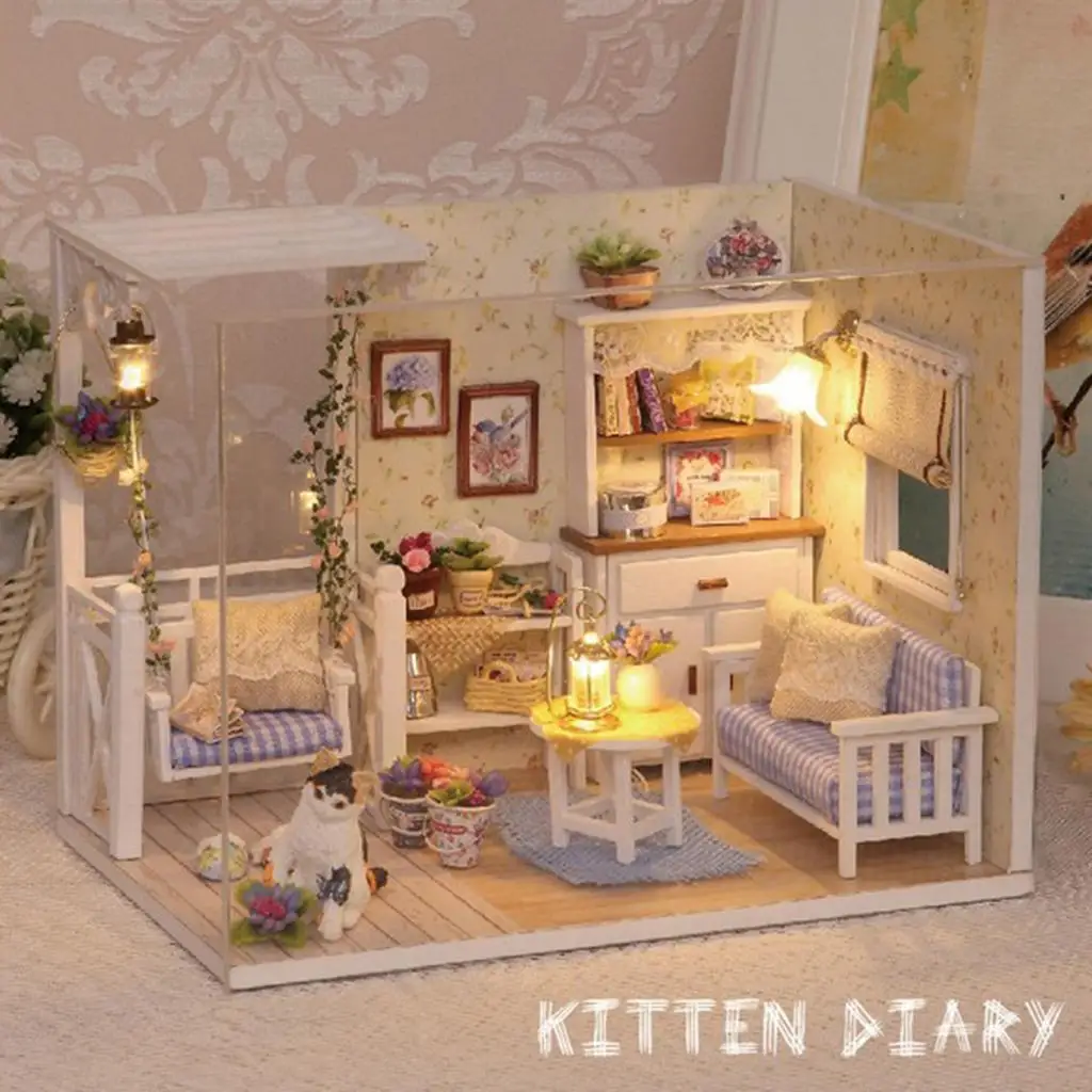 Wooden Dollhouse Furniture and Accessories, DIY  with Led Lights  - Cozy Kitten Diary Department Model